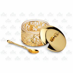 Round Multi Utility Gold Caded Container With Spoon and Lid with Certified Crystal Embedded - Image 2