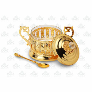 Round Multi Utility Gold Caded Container With Spoon and Lid with Certified Crystal Embedded Knob - Image 2