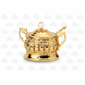 Round Multi Utility Gold Caded Container With Spoon and Lid with Certified Crystal Embedded Knob - Image 3