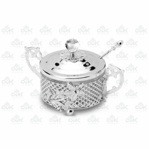 Round Multi Utility Silver Caded Container With Spoon and Lid with Certified Crystal Embedded - Image 1