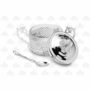 Round Multi Utility Silver Caded Container With Spoon and Lid with Certified Crystal Embedded - Image 2