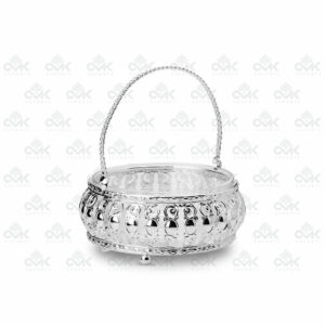 Silver Metal Multi-Utility Basket With Handle | Serving Basket, Round Platter - Image 1