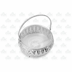 Silver Metal Multi-Utility Basket With Handle | Serving Basket, Round Platter - Image 2