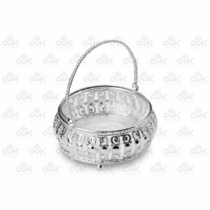 Silver Metal Multi-Utility Basket With Handle | Serving Basket, Round Platter - Image 3