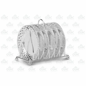 Silver Metal Round Tea Coaster Set - Set of 6 Coasters with Elegant Stand - Image 1